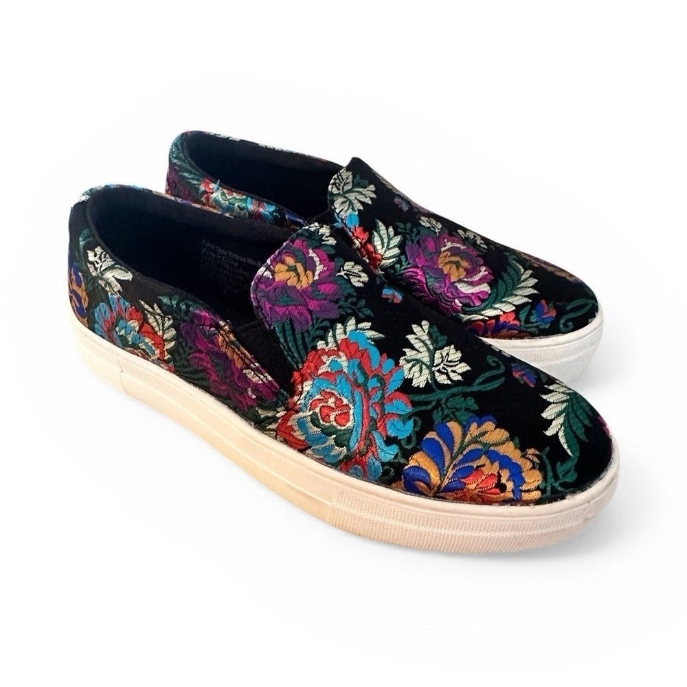 Brash Slip On Sneakers Women's 7 Black Floral Embroidered Velvet Casual Shoes